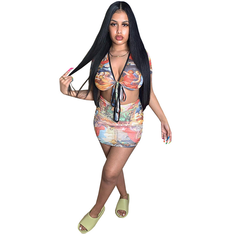 Moteriškas vasarinis mados raštas laisvalaikio suvarstomas dviejų dalių rinkinys_voghion.com