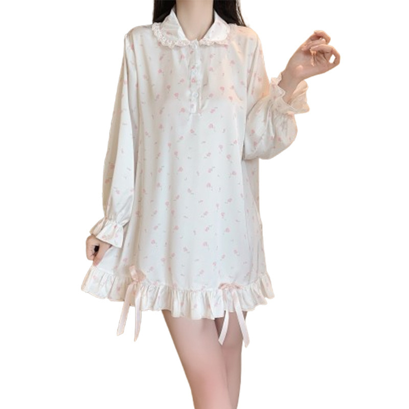 瑰若夏季开襟纽扣清纯可爱娃娃领缎面碎花睡裙女家居服套装XK5637|undefined