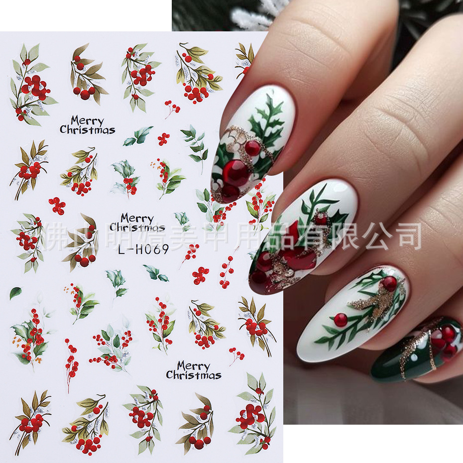 新款圣诞节美甲贴纸 闪粉圣诞红冬青果雪人圣诞老人ins风指甲贴花