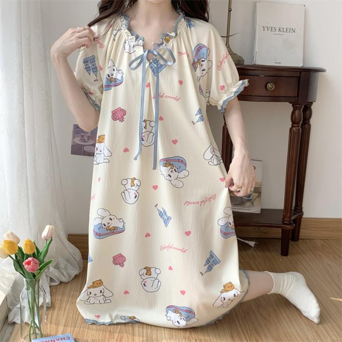 Verano 2023 Pijamas Mujer de manga corta burbuja arruga estudiante lindo ropa exterior suelta ropa de hogar camisón Mujer Princesa estilo