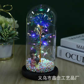 创意母亲节礼物520金箔花玻璃罩LED小夜灯永生花玫瑰花摆件生日