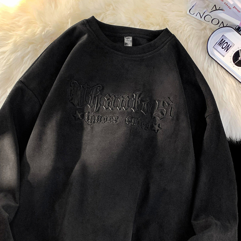 Suede estilo americano de manga larga pesada camiseta de los hombres de la marca de moda de otoño suelta camiseta superior primavera y otoño suéter