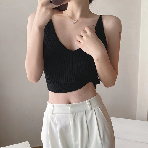 White Knit Strappy Bralette for Women, Early Spring Inner Layer Base Shirt, Slimming and Sensual Deep V-Neck Top, Spring Outerwear