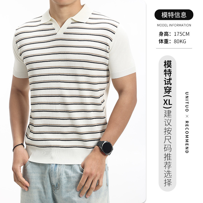 Nuevo lujo ligero viejo estilo de dinero para hombres a rayas de punto polo camisa de hombre con solapa de cuello en V de manga corta de alto nivel de ropa casual para hombres