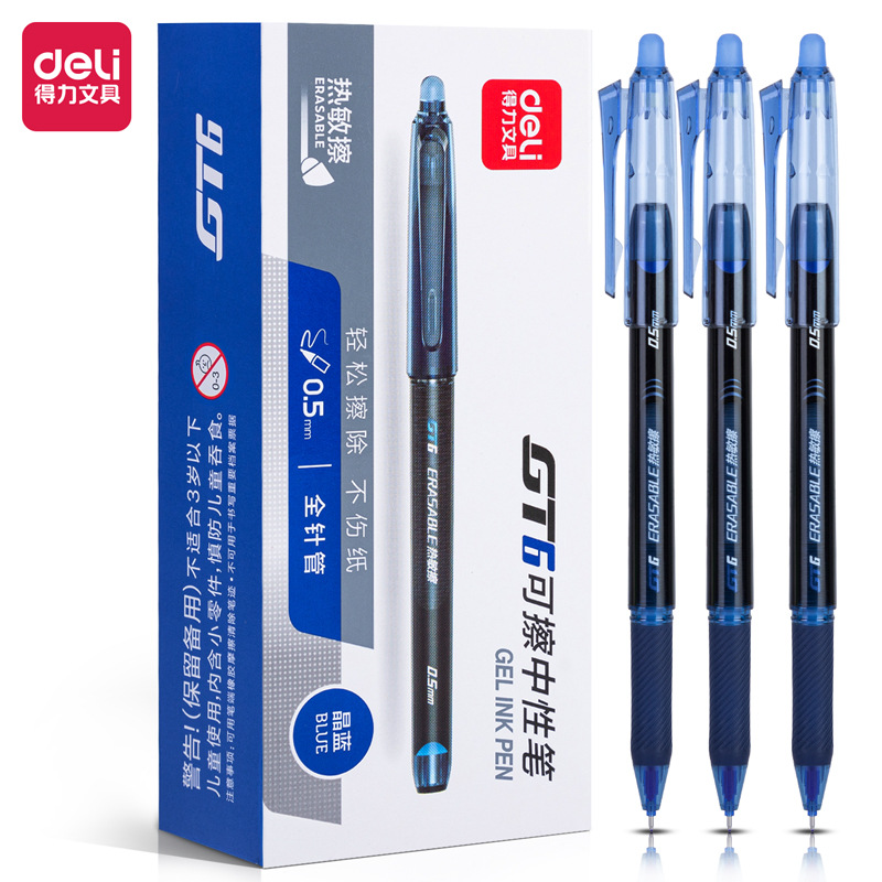 El bolígrafo neutro borrable de 0,5 mm para estudiantes de aguja completa azul negro cristalino sensible al calor borrable GT6