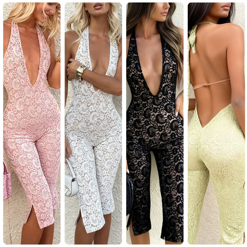 Foreign Trade European and American Style 2025 Fashionable Lace Splicing V Neck Halterneck Lace-Up Large Back Slit Cropped Pants Jumpsuit