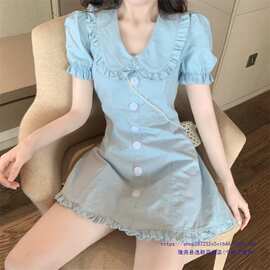 荷叶边拼接娃娃领修身连衣裙女夏新款泡泡袖收腰显瘦法式字裙子