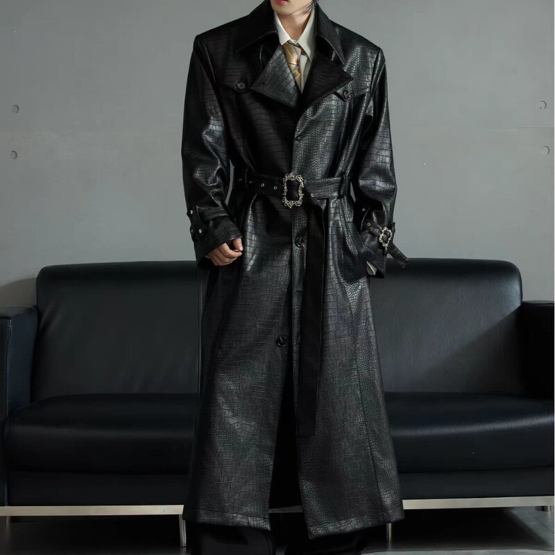 2026 American-style niche deconstructed crocodile-patterned wide-shoulder leather coat with metal design, waist-cinching, over-the-knee long couple's trench coat 2026 American-style niche deconstructed crocodile-patterned wide-shoulder leather coat with metal design, waist-cinching, over-the-knee long couple's trench coat