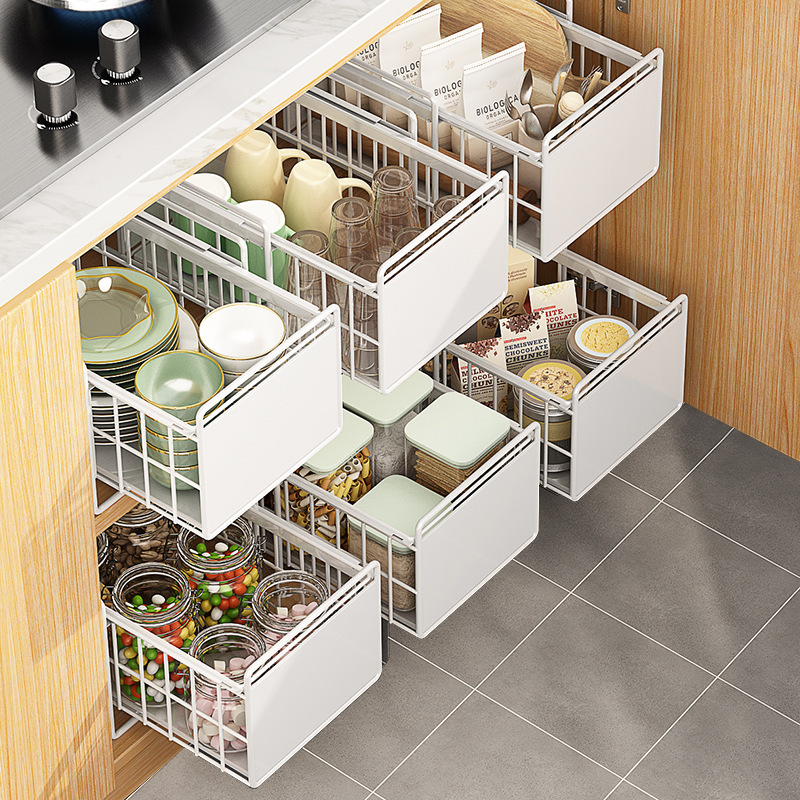 gabinete de cocina doméstica canasta de extracción debajo del fregadero estante de almacenamiento doble capa multifunción condimento almacenamiento tipo extracción estante de capas