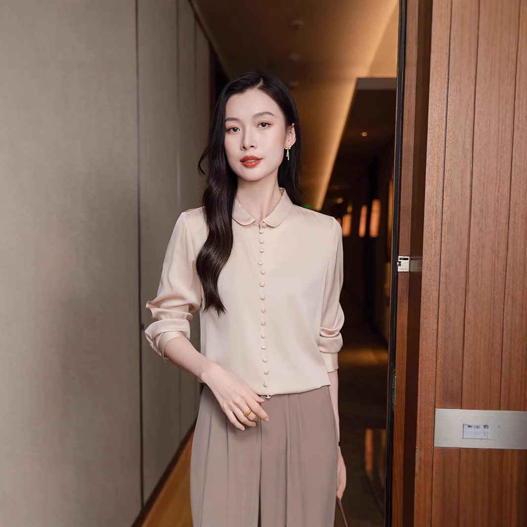 Spring fashionable elegant design silk solid color shirt with a…