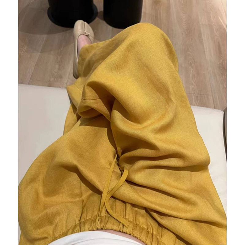 Highly Recommended! Minimalist and Sophisticated Ginger Yellow Elastic Waist Drawstring Tencel Linen Casual Wide-Leg Pants for Spring and Summer