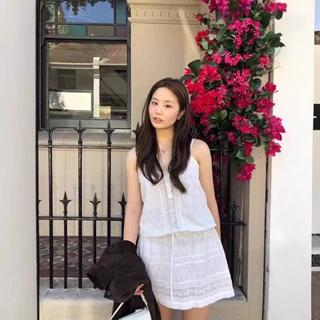 现货 夏季新款韩国东大门女装OU*CE气质纯色刺绣收腰吊带连衣裙