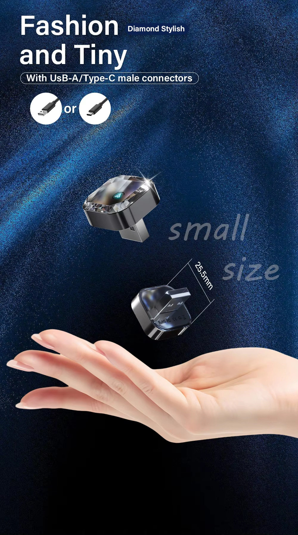 Hot Selling Diamond Carplay Car-Machine Interconnection Box with Cooling Holes Horizontal Plug-In 2in1 Wireless Caplay Box