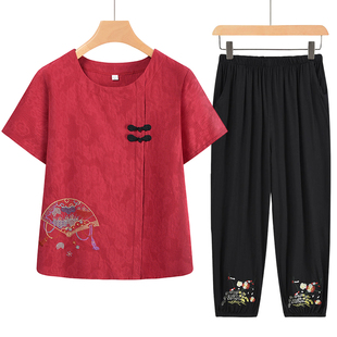 2025 New Mom Summer Short-Sleeved Suit Chinese Style Embroidered Top Middle-Aged and Elderly Women Grandma Cotton and Linen Two-Piece Set
