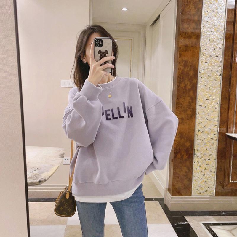 Purple Fake Two-Piece Sweat Women's Autumn and Winter Loose Pullover fleece-lined Small Foreign Style Age-Reducing Clothes Instagram Fashion
