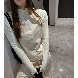 工厂半开领双拉链外套女美式复古设计感加厚磨毛长袖修身显瘦上衣
