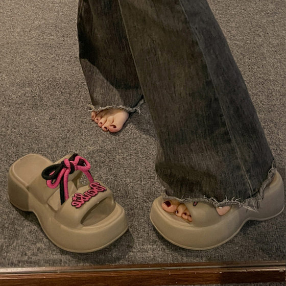 Increased Thick Bottom Fashionable Bow Strap Slides Women's Outer Wear 2024 Summer New Non-Slip Casual Sandals