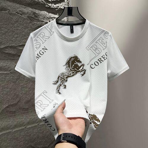 Men's Ice Silk Short Sleeve T-Shirt 2025 Summer Trendy Casual Round Neck Half Sleeve T-Shirt