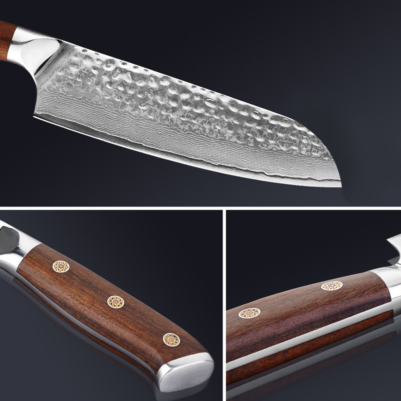 Juego de cuchillos de chef de 8 pulgadas y cuchillo multiusos de 5 pulgadas de acero de Damasco con patrón martillado de dos piezas, mango de madera de hierro arenado, caja de regalo para envío transfronterizo.