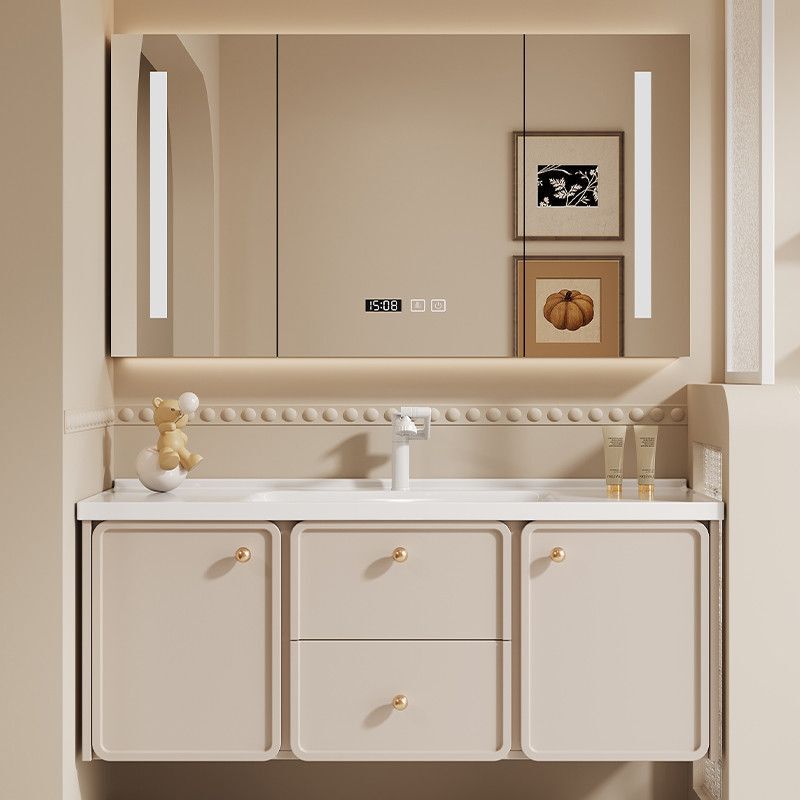 Cream-Colored French-Style Bathroom Cabinet with Integrated Ceramic Basin Sink, Integrated Basin Cabinet Combination, Modern Minimalist Bathroom Vanity Cream-Colored French-Style Bathroom Cabinet with Integrated Ceramic Basin Sink, Integrated Basin Cabinet Combination, Modern Minimalist Bathroom Vanity