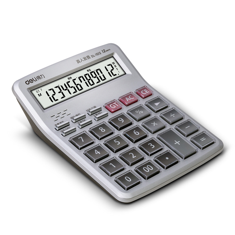 Calculadora de Voz Deli 1512 de Tamaño Mediano para Uso en Cajas Registradoras de Centros Comerciales con Pantalla Grande para Uso Financiero y Comercial de Oficina