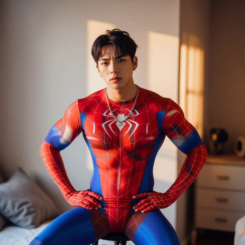 Spider-Man Themed Men's Sexy Jumpsuit with Open Crotch, No Need to Take Off, Tight-Fitting Role-Playing Outfit, Sexy and Alluring Internet Celebrity Style