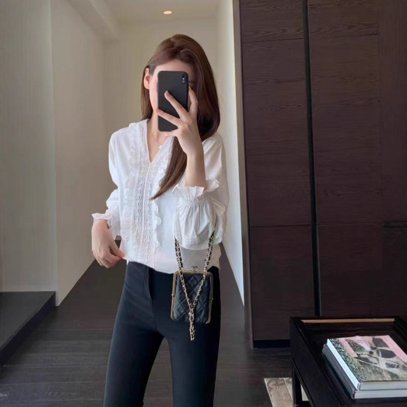 甜美温柔时髦荷叶领高品质显瘦小衫白色上衣女早秋新|undefined