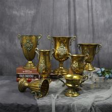 欧式做旧复古金色花瓶婚庆摆拍桌花装饰插花花盆铸铁手柄高脚花器