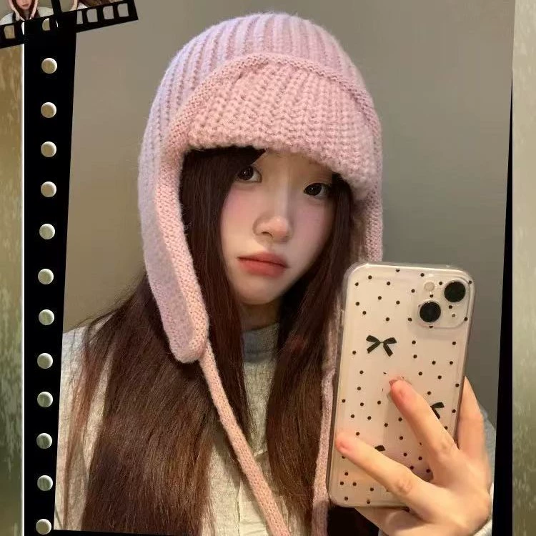 Зимний шарф‑шапка Korean Knit Earflap Hat для женщин, мягкий и тёплый, 56–58 см, фуксия, белый, серый, хаки, черный