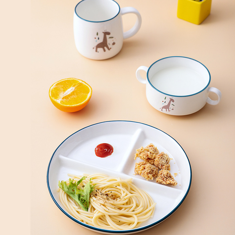 Underglaze cute animal cartoon children's ceramic breakfast set round three-grid plate binaural mug 400ml