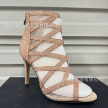 鱼嘴凉靴镂空网纱拼接细跟超高跟闪粉女短靴爵士舞跳舞高跟鞋凉鞋