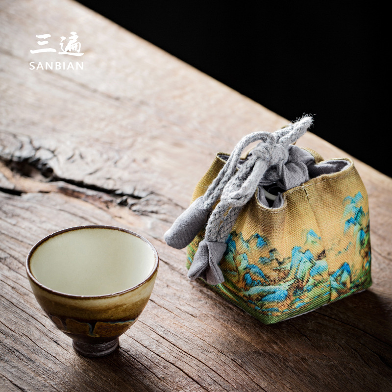 Ganador de algodón engrosado y cáñamo Master Cup bolsa de almacenamiento de una sola taza de viaje taza portátil taza de té juego de té taza de té pequeña bolsa de tela