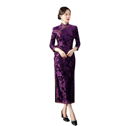 flocking jacquard flowers chinese dress qipao retro long sleeve cheongsam improved national wind restoring ancient ways  Chinese dress skirt