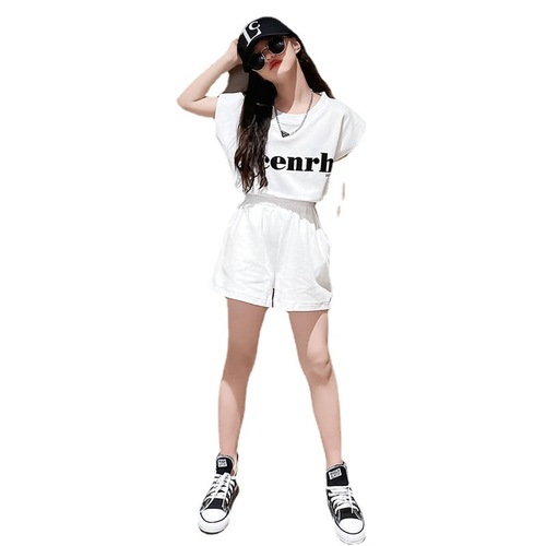 Girls Summer Sports Suit 2022 New Fashionable Middle and Large Children's Letter T-shirt Five-piece Pants Two-piece Set Trendy