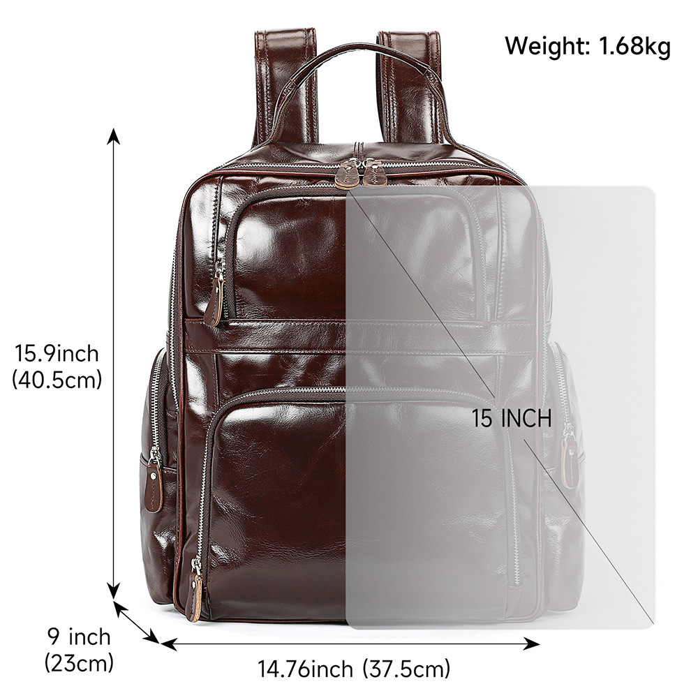 Ba lô công sở nam da sáp dầu dung tích lớn, đựng laptop 15 inch, phong cách retro — nâu