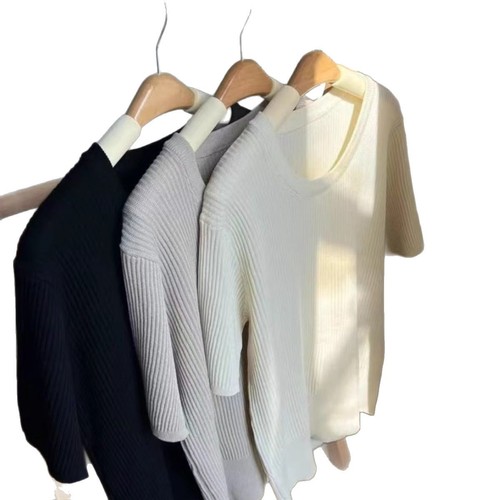 Ice silk round neck sweater short-sleeved solid color T-shirt for women 2025 summer new top stretch slim fit pit strip base shirt