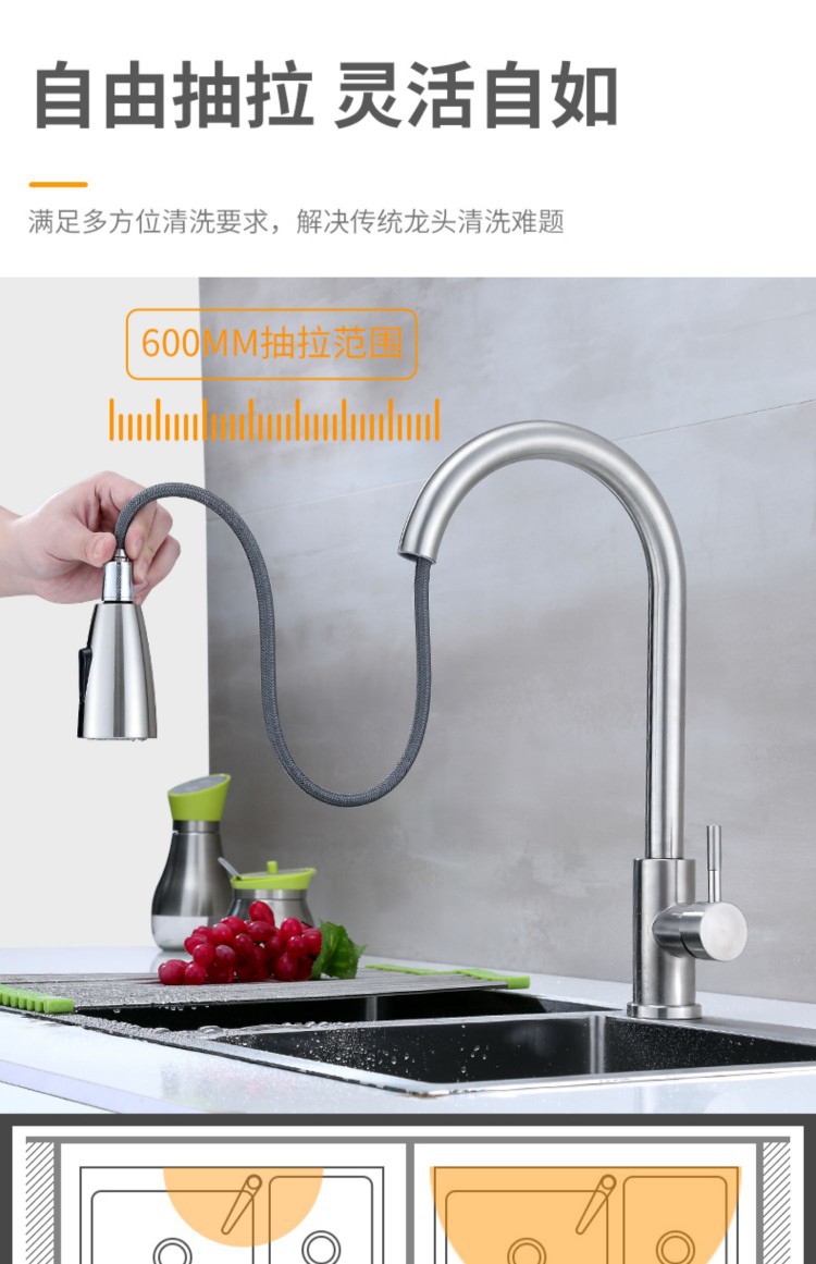 Stainless steel pull-out faucet for balcony cabinet, pull-out faucet for kitchen sink, lift type, black mixed water for kitchen water Application Scenario