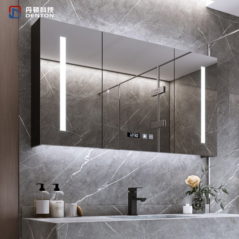 Wall-mounted smart mirror cabinet, integrated storage cabinet for bathroom, wall-hung washroom mirror with wooden frame and shelf