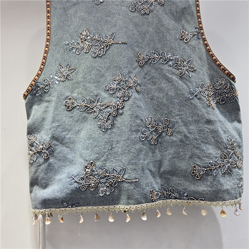 Europa industria pesada bordada chaleco de vaqueros mujeres 2026 primavera sin mangas cuello redondo clavos de perla estilo nacional cardigan abrigo temperamento de la marea image 4