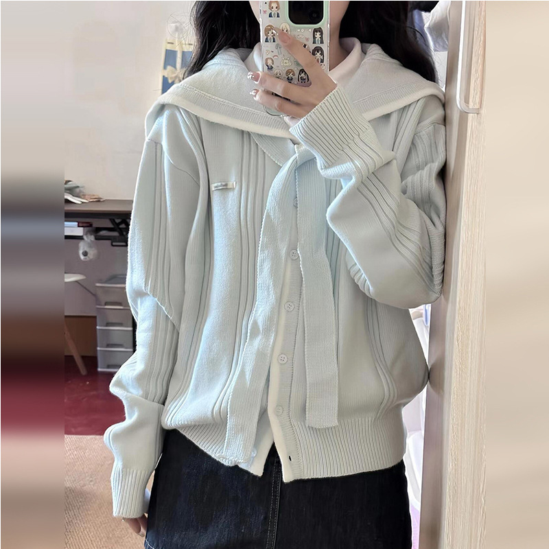 Navy Collar Preppy Style Blue Knitted Sweater Cardigan for Women Spring 2025 New Korean Style Lazy Petite Top Navy Collar Preppy Style Blue Knitted Sweater Cardigan for Women Spring 2025 New Korean Style Lazy Petite Top