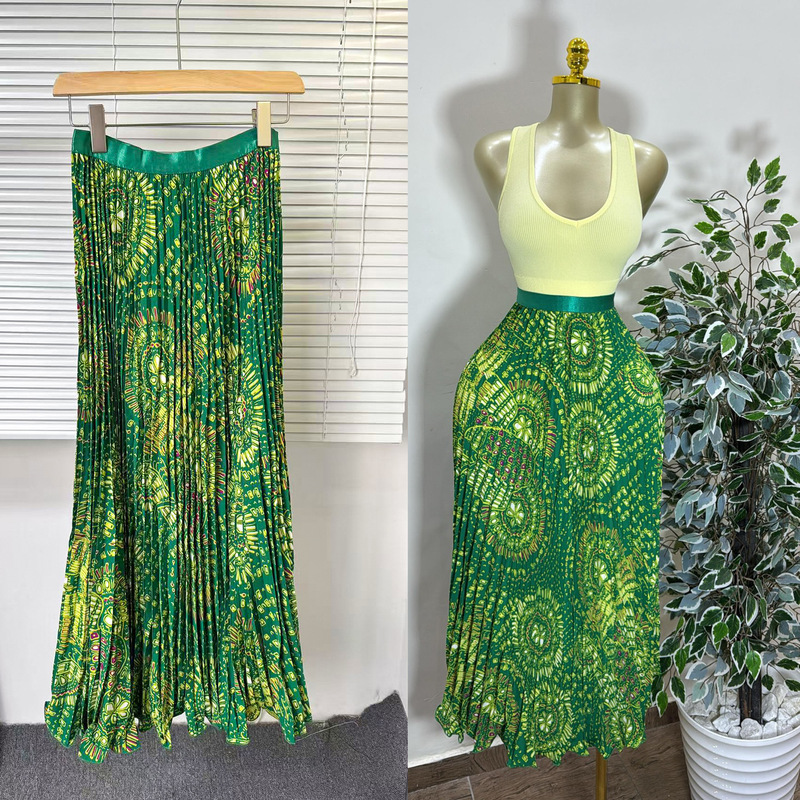 Cross-Border Export Retro Print Versatile Skirt Women's High-Waisted A-Line Mid-Length Pleated Skirt with Large Hem and Draped Skirt Cross-Border Export Retro Print Versatile Skirt Women's High-Waisted A-Line Mid-Length Pleated Skirt with Large Hem and Draped Skirt