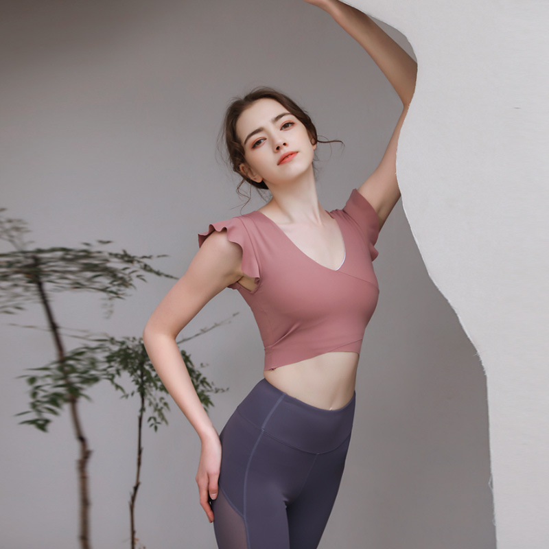 Yoga Suit with Chest Mat Women's Lotus Leaf Top Summer Internet Popular Short Sleeve Professional Sports Training Running Fitness Suit