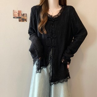 Lace Long-sleeved Sweater Women's Spring and Autumn 2025 plus size chubby girl New Chinese Style National Style Buckle Top