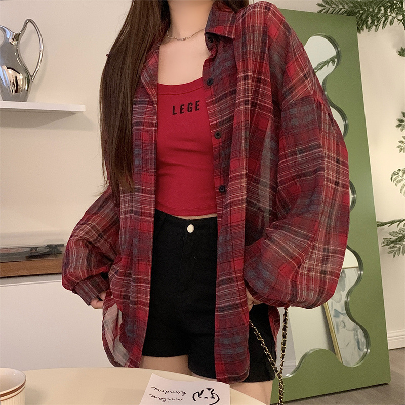 新しいアメリカンチェック柄シャツ女性のための 2025 夏の新しい怠惰なスタイルのシャツジャケット日焼け止めトップトレンディ|undefined