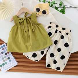 夏装女童休闲套装韩版洋气女宝背心圆点灯笼裤时髦薄款两件套