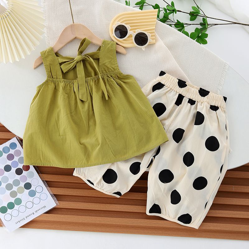 Summer Girl's Casual suit Korean-style Women's Treasure Vest Dot Bloomers Fashionable Thin Two-piece Set
