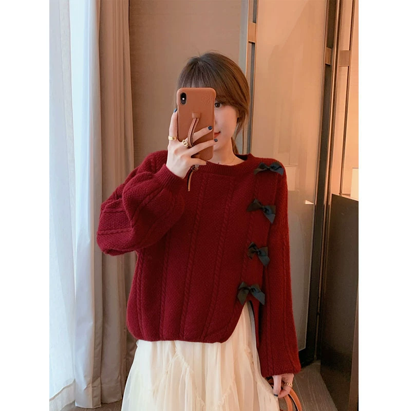 2024 весна и осень новый сладкий минус бант ретро японский свитер с круглым вырезом свитер свитер с длинными рукавами трикотажный топ