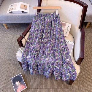 Deformation strategy plus size women's chubby girl summer floral A- shaped skirt 2024 new high waist big swing temperament skirt
