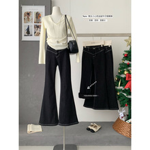 熹凤梨2025秋冬新款设计感双V腰韩女裤baby银狐绒牛仔微喇裤长裤