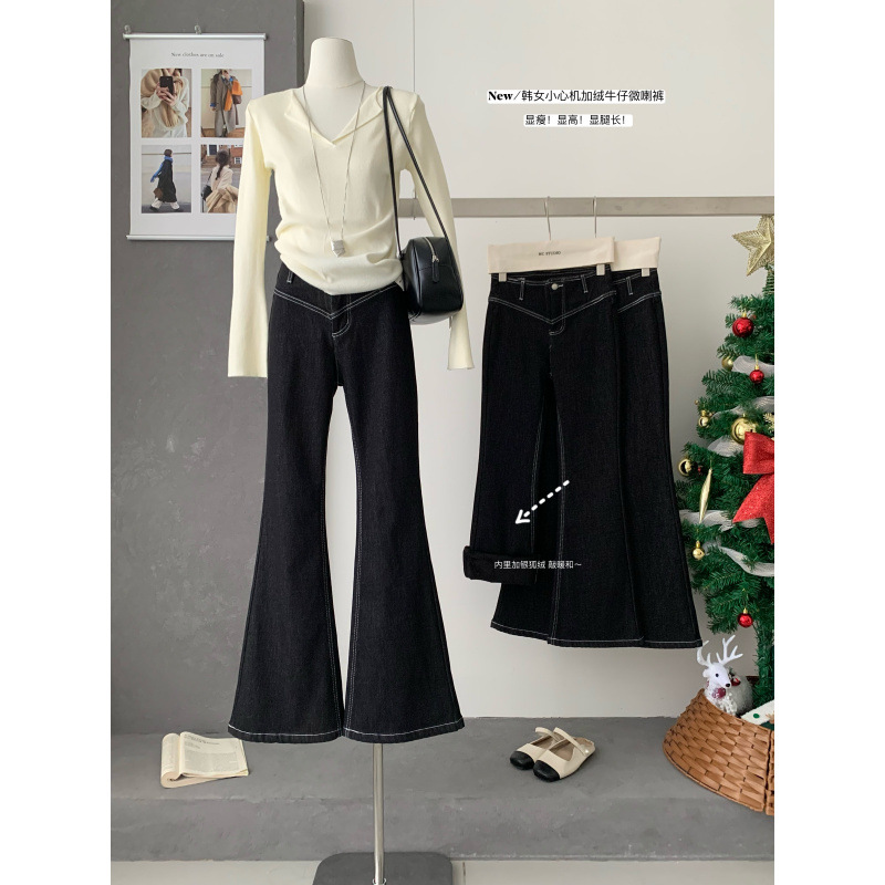 熹凤梨2025秋冬新款设计感双V腰韩女裤baby银狐绒牛仔微喇裤长裤